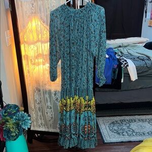 Free People Teal Floral Long Sleeve Maxi Dress with Yellow Border